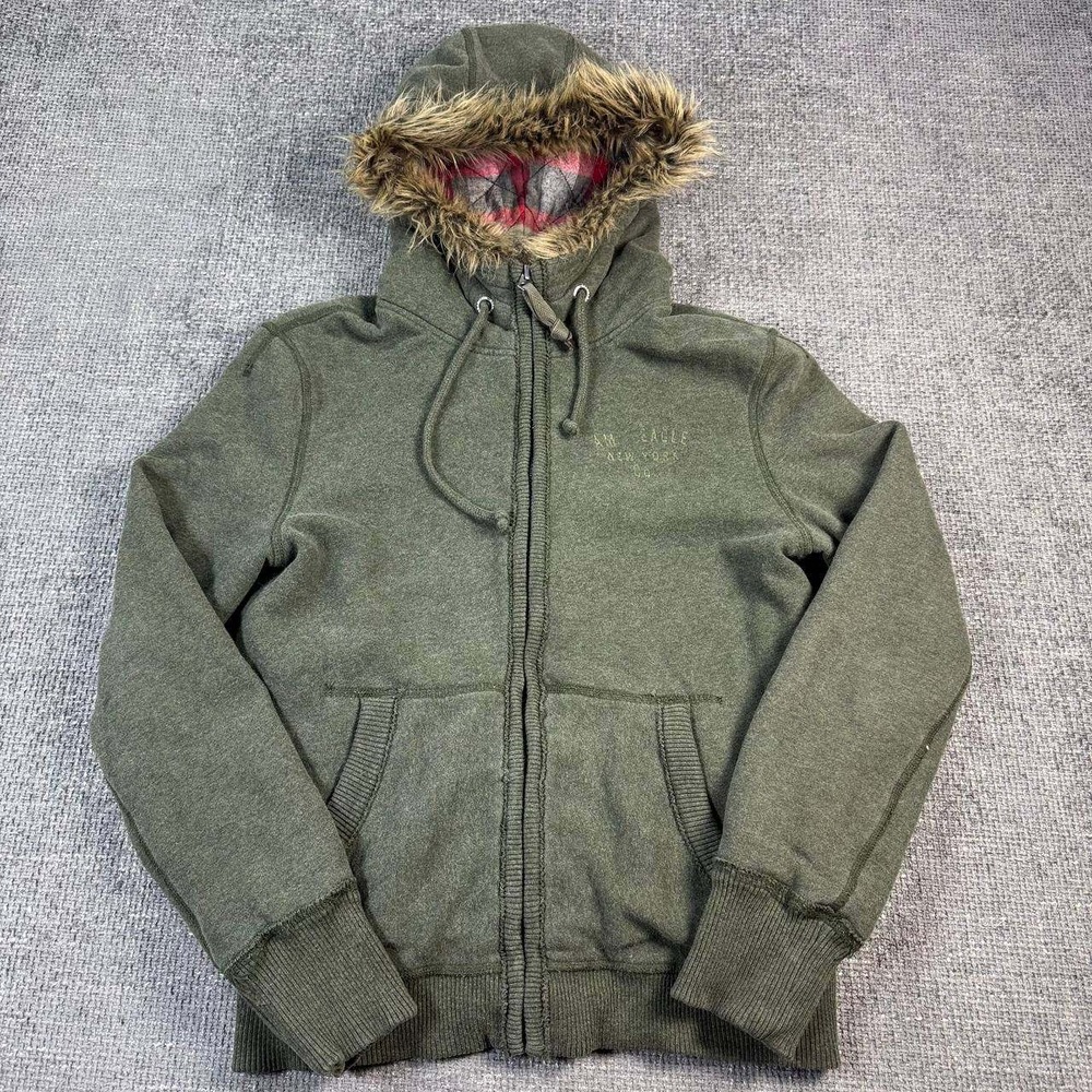 American Eagle Full Zip Hoodie Women S Green Faux Fur Plaid Lined Y2K Utility